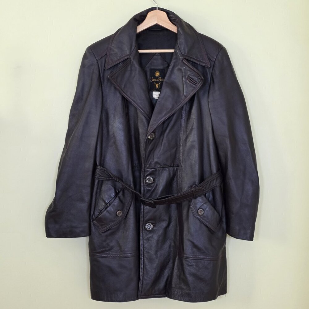 VTG Jeno De Paris Leather Coat Mens 40 Brown Mid Length LS Lined  Buttons FLAW